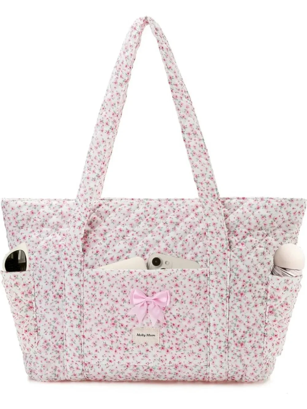 Floral Quilted Tote Bag with Zipper, Cute Bow Cotton Shoulder Bag for Daily Use